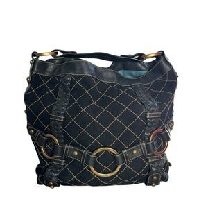 Isabella Fiore black canvas leather embroidered quilted belted large hobo bag